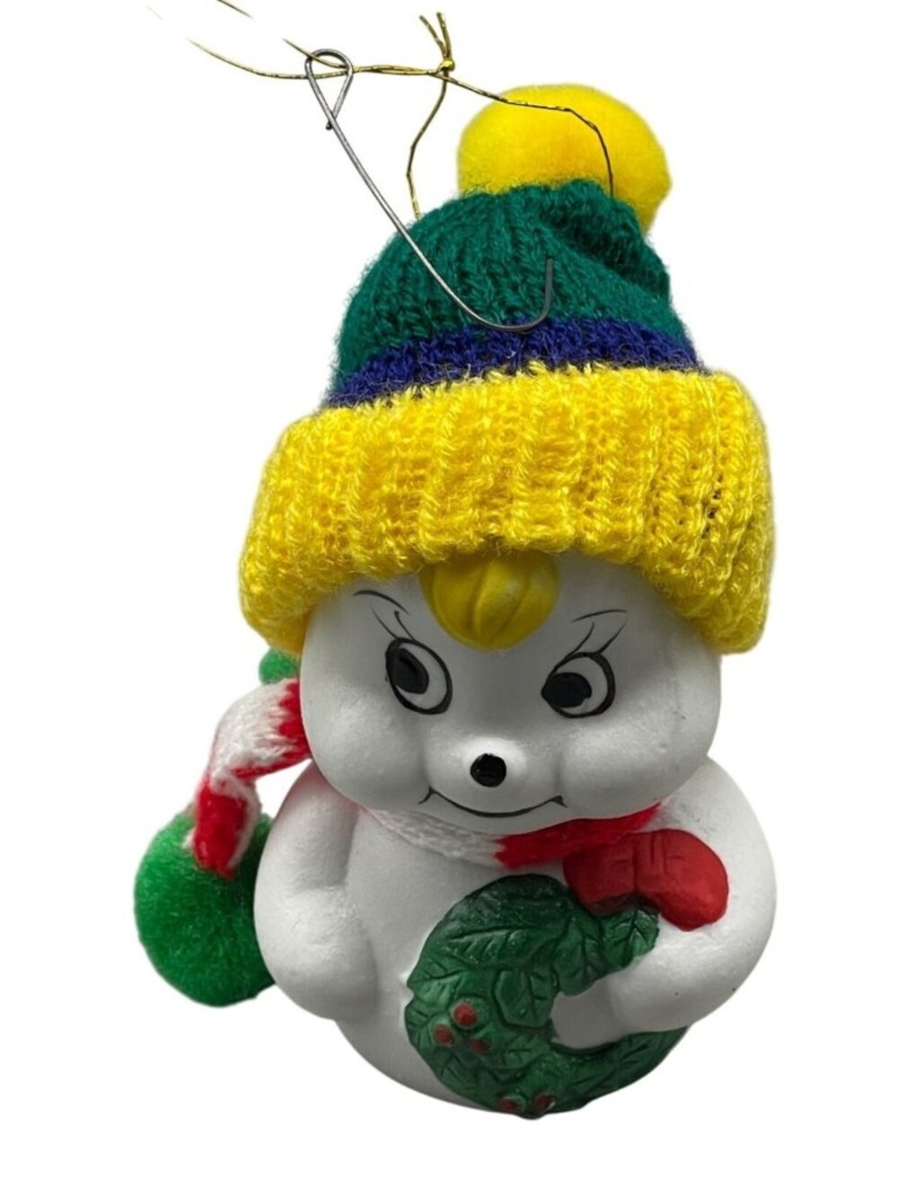 GIFTCO Snow Bells Porcelain Bear Bell Ornament Yellow n Green Knit Hat Xmas 3.5"
